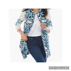 Chico's Blue and Cream Geometric Artistic Jacket Size 3 Cardigan 100% Linen
